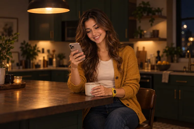 Instagram hesap durumunu telefonundan kontrol edip rahatlayan kadın